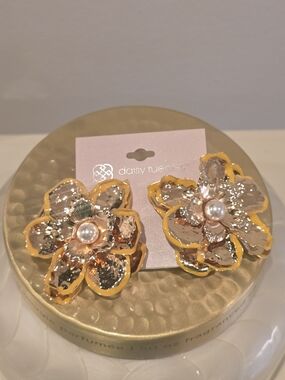 Daisy Fuentes Gold Flower Pearl Statement Earrings - Yellow Trim